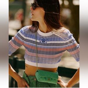 Chanel 21C Blue White Orange Striped CC Logo Top Short Sleeve Pullover Shirt 38